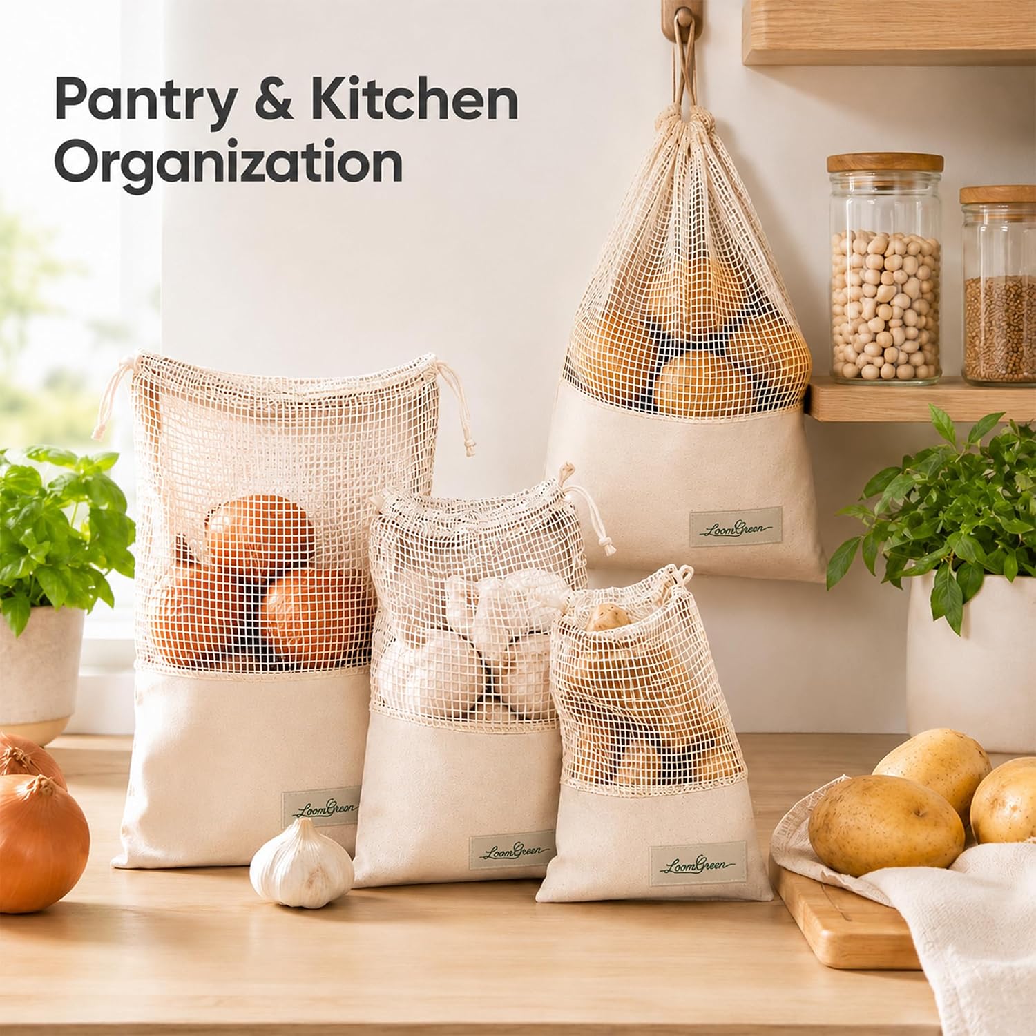 Loom Green reusable drawstring mesh bags used for pantry and kitchen organization