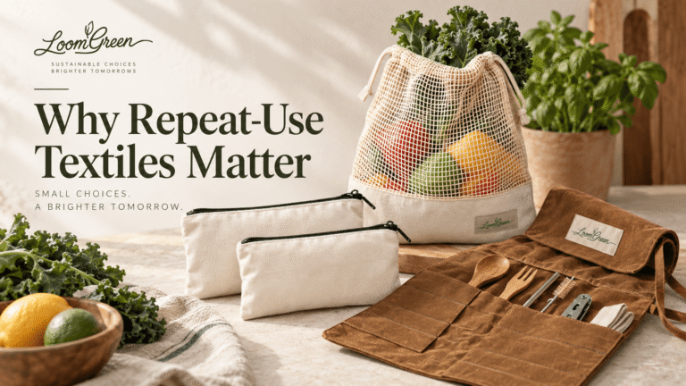 Loom Green reusable mesh bags, cotton zipper pouches and waxed canvas tool roll