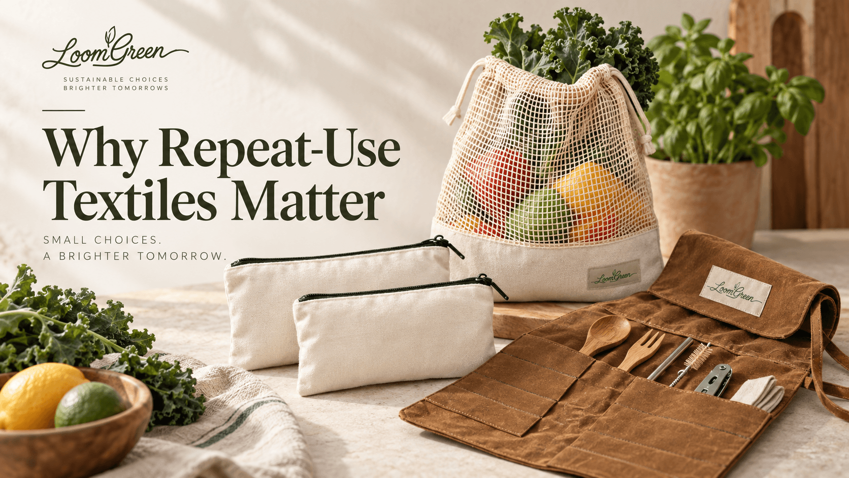 Loom Green reusable mesh bags, cotton zipper pouches and waxed canvas tool roll
